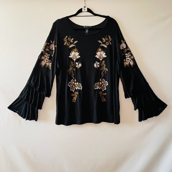 INC International Concepts Womens Black Bell Sleeve Embroidered Blouse Top Sz 2X - Picture 1 of 9